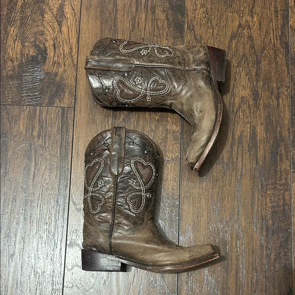 Brown Western Cowboy Boots with Embroidered Design for kids